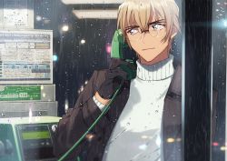 Rule 34 | 1boy, amuro tooru, bespectacled, black-framed eyewear, black gloves, blonde hair, blue eyes, brown jacket, casual, closed mouth, commentary request, crack, glasses, gloves, hair between eyes, holding, holding phone, jacket, k (gear labo), looking to the side, male focus, meitantei conan, open clothes, open jacket, outdoors, payphone, phone, phone booth, rain, short hair, smile, solo, sweater, talking on phone, turtleneck, turtleneck sweater, upper body, white sweater
