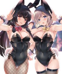 Rule 34 | 2girls, animal ears, armpits, arms up, bare arms, bare shoulders, black hair, black leotard, blue eyes, blush, bow, bowtie, breasts, cleavage, collar, cowboy shot, detached collar, fake animal ears, fingernails, fishnet legwear, fishnets, grey legwear, hair ornament, hair ribbon, hairclip, hamakaze (kancolle), highres, isokaze (kancolle), kantai collection, large breasts, leotard, long hair, looking at viewer, monoto, multiple girls, open mouth, pantyhose, playboy bunny, rabbit ears, rabbit pose, rabbit tail, red bow, red eyes, red neckwear, ribbon, short hair, silver hair, skindentation, smile, tail, thighhighs, wrist cuffs, yellow neckwear