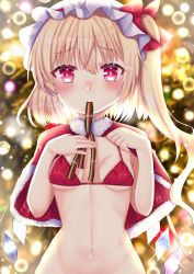 Rule 34 | 1girl, arms up, bad id, bad pixiv id, blonde hair, blurry, blurry background, blush, bokeh, bottomless, bra, breasts, capelet, christmas, cleavage, commentary request, depth of field, flandre scarlet, fur-trimmed capelet, fur trim, glint, hair between eyes, hands on own chest, hat, hat ribbon, highres, looking at viewer, mob cap, mouth hold, navel, nibosi, out-of-frame censoring, red bra, red eyes, ribbon, ribbon in mouth, short hair, short hair with long locks, side ponytail, small breasts, solo, standing, striped neckwear, tareme, touhou, underboob, underwear, upper body, white hat, wings