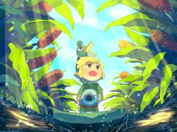 Rule 34 | 1boy, belt, black eyes, brown belt, cattail, ezlo, green tunic, highres, holding, holding jar, jar, lily pad, link, looking up, male focus, mini person, miniboy, nasagina, nintendo, open mouth, outdoors, plant, pointy ears, ripples, short hair, sidelocks, stream, sunlight, sword, the legend of zelda, the legend of zelda: the minish cap, toon link, weapon, weapon on back