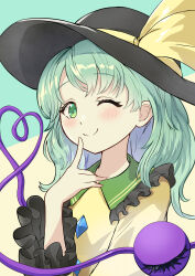 Rule 34 | 1girl, ;), black hat, black panties, blush, buttons, closed mouth, commentary request, diamond button, eyelashes, finger to mouth, frilled shirt collar, frilled sleeves, frills, green background, green eyes, green hair, happy, hat, hat ribbon, heart, heart of string, highres, index finger raised, isazawa, koishi day, komeiji koishi, long sleeves, looking at viewer, medium hair, one eye closed, panties, ribbon, shirt, simple background, smile, split mouth, third eye, touhou, two-tone background, underwear, wavy hair, wide sleeves, yellow background, yellow ribbon, yellow shirt