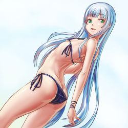 Rule 34 | 1girl, arched back, ass, bikini, blue hair, breasts, butt crack, dutch angle, green eyes, highres, long hair, looking back, nanjyolno, original, parted lips, simple background, small breasts, solo, swimsuit, very long hair