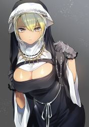 Rule 34 | 1girl, blonde hair, breasts, brown eyes, cleavage, female focus, gloves, grey gloves, habit, jewelry, large breasts, looking at viewer, mole, mole under eye, necklace, nun, original, short hair, simple background, solo, standing, wide sleeves, yanyo (ogino atsuki)