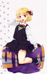 Rule 34 | 1girl, blonde hair, blueberry, bow, cake, eating, food, fork, fruit, hair bow, highres, mary janes, murani, red eyes, rumia, shoes, simple background, skirt, solo, touhou