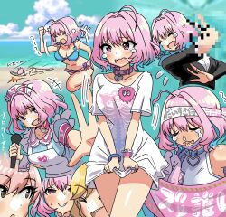 Rule 34 | 3girls, ahoge, anman (yxwu7733), apron, aqua sky, armband, bangle, beach, bikini, blonde hair, blue bikini, blue collar, blue dress, bracelet, breasts, censored, choker, closed eyes, cloud, collar, collarbone, commentary, cropped torso, crying, dress, fang, fangs, flying teardrops, frilled apron, frills, hachimaki, hair intakes, hat, headband, heart, heart-shaped lock, heart print, highres, holding, holding microphone, horizon, idolmaster, idolmaster cinderella girls, idolmaster cinderella girls starlight stage, jewelry, jougasaki mika, long sleeves, medium breasts, microphone, middle finger, mosaic censoring, motion lines, multicolored hair, multiple girls, multiple views, navel, nervous smile, no pants, nurse cap, ocean, official alternate costume, ohtsuki yui, open mouth, outdoors, outstretched arm, pink choker, pink eyes, pink hair, puffy short sleeves, puffy sleeves, raised eyebrows, running, shirt, shirt tug, short hair, short sleeves, skeleton print, sketch, skin fang, smile, sparkle print, standing, standing on one leg, sweat, swimsuit, tearing up, tears, teeth, thighs, tripping, two-tone hair, upper teeth only, water, white apron, white dress, white headband, white shirt, yumemi riamu