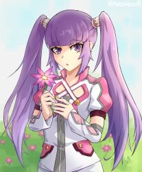 Rule 34 | 1girl, artist name, cowboy shot, cropped jacket, detached sleeves, female focus, flower, hair ornament, hair tubes, highres, holding, holding flower, long hair, looking at viewer, official alternate costume, punchheart, purple eyes, purple hair, solo, sophie (tales), sophie (toast of the town) (tales), tales of (series), tales of graces, twintails