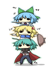 Rule 34 | 3girls, antennae, bad id, bad pixiv id, blonde hair, blue hair, bow, cape, chibi, cirno, dress, green hair, hair bow, hat, unworn hat, unworn headwear, holding, holding clothes, holding hat, human tower, ice, kurokoori, multiple girls, no mouth, o o, pants, rumia, simple background, stacking, touhou, wavy mouth, wide face, wriggle nightbug