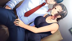Rule 34 | 1girl, belt, breasts, brown hair, cleavage, clenched teeth, couch, dress, dutch angle, earrings, erection, erection under clothes, game cg, indoors, jewelry, kamitani, large breasts, legs, light smile, looking at another, medium hair, necklace, necktie, no eyes, ore wa gibo ni netorareru: watashi-tachi mo misetsukete yareba ii no yo, parted lips, penis, penis grab, red neckwear, ring, sitting, sleeveless, sleeveless dress, smile, teeth, thighs, wedding band, yellow eyes