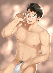 Rule 34 | 1boy, adjusting eyewear, bara, blush, covering privates, covering crotch, feet out of frame, glasses, gradient background, highres, large pectorals, leg hair, long sideburns, looking at viewer, male focus, male pubic hair, mature male, naked towel, navel, navel hair, niichi (niichi21), nipples, pectorals, pubic hair, short hair, sideburns, solo, standing, thick thighs, thighs, toned, toned male, towel