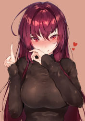 Rule 34 | 1girl, :p, bad id, bad pixiv id, black sweater, blush, breasts, fate/grand order, fate (series), fellatio gesture, hair between eyes, hair intakes, heart, highres, hplay, index finger raised, large breasts, long hair, looking at viewer, pointing, pointing up, purple hair, red eyes, ribbed sweater, scathach (fate), simple background, sleeves past wrists, solo, sweater, tongue, tongue out, turtleneck, turtleneck sweater, upper body