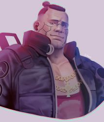 Rule 34 | 1boy, bara, black eyes, black hair, black jacket, chopsticks, commentary, cropped torso, cyberpunk (series), cyberpunk 2077, cyborg, dsharp, jacket, jackie welles, large pectorals, looking at viewer, male focus, muscular, open clothes, open jacket, pectorals, sanpaku, short hair, smile, solo, symbol-only commentary, topknot, translated, undercut, upper body, very short hair