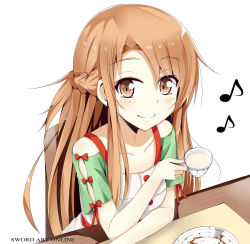 Rule 34 | 10s, 1girl, asuna (sao), bad id, bad pixiv id, brown eyes, brown hair, casual, chair, copyright name, cup, highres, holding, long hair, looking at viewer, musical note, smile, solo, sword art online, tazaki hayato, teacup