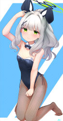 Rule 34 | 1girl, animal ears, arm up, bare arms, bare shoulders, basa rutan, black bow, black bowtie, black leotard, blue archive, blue background, bow, bowtie, closed mouth, collar, detached collar, fishnet pantyhose, fishnets, green eyes, hair intakes, hair ornament, halo, hare (blue archive), highres, kneeling, knees together feet apart, leotard, long hair, looking at viewer, no shoes, pantyhose, ponytail, rabbit ears, sidelocks, solo, strapless, strapless leotard, two-tone background, white background, white collar, wing collar