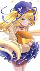 Rule 34 | 1girl, artist name, blonde hair, blue choker, blue dress, blue headwear, blue ribbon, blush, choker, commentary, dokibird (vtuber), dress, english commentary, green eyes, happy, hat, highres, holding, holding trophy, indie virtual youtuber, long hair, looking at viewer, open mouth, orihimestudio, ribbon, smile, star (symbol), trophy, twintails, upper body, virtual youtuber