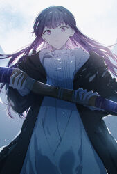 Rule 34 | 1girl, black coat, closed mouth, coat, dress, fern (sousou no frieren), highres, holding, holding staff, long hair, looking at viewer, mage staff, moon, purple eyes, purple hair, solo, sousou no frieren, staff, straight hair, white dress, yoichi hnkn