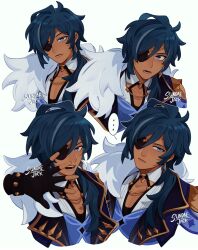 Rule 34 | ..., 1boy, artist name, blue eyes, blue hair, cape, cleavage cutout, clothing cutout, cowlick, cropped torso, dark-skinned male, dark skin, detached collar, earrings, expressions, eyepatch, fur cape, genshin impact, hair between eyes, hair over shoulder, highres, jewelry, kaeya (genshin impact), layered clothes, low ponytail, medium hair, multicolored hair, multiple views, outline, pectoral cleavage, pectorals, portrait, side cape, simple background, single earring, streaked hair, sundaejck, unkempt, white background, white outline