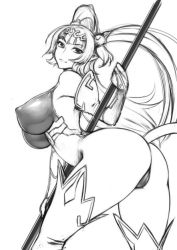 Rule 34 | 1girl, ass, breasts, cameltoe, covered erect nipples, curvy, female focus, full body, greyscale, hair ornament, holding, holding weapon, huge ass, journey to the west, large breasts, legs apart, lips, long hair, long twintails, looking at viewer, looking back, looking to the side, monkey tail, monochrome, nipples, pointy ears, queen&#039;s blade, queen&#039;s blade grimoire, revealing clothes, rindou (radical dream), seiten (queen&#039;s blade), simple background, smile, solo, standing, sun wukong, tail, thong, tiara, twintails, very long hair, weapon