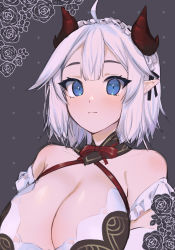 Rule 34 | 1girl, absurdres, alternate hair length, alternate hairstyle, blush, bow, breasts, cleavage, commentary, demon girl, demon horns, detached sleeves, english commentary, flower, hair between eyes, highres, horns, large breasts, looking at viewer, maid headdress, pointy ears, pomme (pomette ), red bow, rose, short hair, solo, surprised, upper body, vei (vtuber), vei (vtuber) (4th costume), virtual youtuber, vshojo