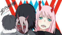 Rule 34 | 10s, 1boy, 1girl, aged down, asymmetrical horns, black bodysuit, black cloak, black hair, blush, bodysuit, cloak, coat, colored sclera, colored skin, commentary request, couple, crying, crying with eyes open, darling in the franxx, dual persona, fangs, fur trim, green eyes, grey coat, hetero, highres, hiro (darling in the franxx), hood, hooded cloak, horns, hug, long hair, looking at viewer, oni horns, parka, pilot suit, pink hair, red horns, red pupils, red sclera, red skin, short hair, signature, spoilers, tears, uneven horns, winter clothes, winter coat, xiaoying yuan, zero two (darling in the franxx)