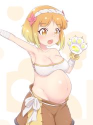 Rule 34 | 1girl, akai (riaakai), animal hands, armpits, blonde hair, blush, breasts, cleavage, collarbone, covered erect nipples, endro!, eyebrows, fai fai, flower, gloves, groin, hair flower, hair ornament, hairband, large breasts, navel, open mouth, paw gloves, pregnant, sagging breasts, shiny skin, short hair, simple background, solo, two-tone background, white background, yellow eyes