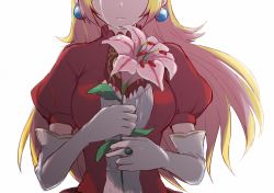 Rule 34 | 1girl, alternate color, blonde hair, breasts, brooch, closed mouth, crying, dress, earrings, flower, gloves, head out of frame, holding, holding flower, jewelry, leaf, lily (flower), long hair, mario (series), medium breasts, missou shiro, nintendo, pink flower, princess, princess peach, puffy short sleeves, puffy sleeves, red dress, ring, short sleeves, simple background, solo, streaming tears, super smash bros., tears, white background, white gloves
