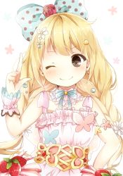 Rule 34 | 1girl, bead necklace, beads, blonde hair, blue bow, blue ribbon, blush, bow, brown eyes, closed mouth, commentary request, detached collar, dress, floral background, flower, food, fruit, futaba anzu, hair bow, hair flower, hair ornament, hand up, highres, idolmaster, idolmaster cinderella girls, idolmaster cinderella girls starlight stage, index finger raised, jewelry, leaf, long hair, looking away, low twintails, neck ribbon, necklace, one eye closed, pink dress, polka dot, polka dot bow, red flower, red rose, ribbon, rose, sash, sidelocks, sleeveless, sleeveless dress, smile, solo, strawberry, tsuki no, twintails, upper body, v-shaped eyebrows, white background, white flower, wrist cuffs