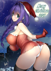 Rule 34 | 1girl, 2021, ass, bare shoulders, black thighhighs, blue eyes, blush, braid, braided ponytail, breasts, christmas, closed mouth, cloud, commentary request, covered erect nipples, dress, from behind, fur-trimmed headwear, fur trim, gloves, hair between eyes, hair intakes, hat, huge breasts, kanon, leaning forward, lens flare, long hair, looking at viewer, looking back, merry christmas, minase akiko, mitarashi kousei, moon, night, outdoors, panties, purple hair, red dress, red gloves, red hat, santa hat, short dress, single braid, smile, solo, standing, strapless, strapless dress, thighhighs, thighs, twisted torso, underwear, white panties