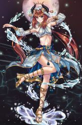 Rule 34 | 1girl, absurdres, arabian clothes, blue gemstone, blue nails, blue veil, breasts, brooch, commentary, dancer, english commentary, fingernails, forehead jewel, full body, full moon, gem, genshin impact, gladiator sandals, gold choker, gold trim, green eyes, guinii4, harem outfit, highres, horns, jewelry, light particles, long hair, long sleeves, looking at viewer, midriff, moon, nail polish, navel, neck ring, nilou (genshin impact), puffy long sleeves, puffy sleeves, red hair, red sky, sandals, sky, small breasts, solo, splashing, standing, standing on one leg, tassel, thighlet, toenails, twitter username, vambraces, veil, very long hair, water, white headdress
