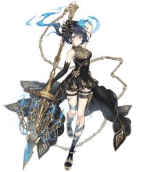 Rule 34 | 1girl, alice (sinoalice), bare shoulders, black hair, chain, chandelier, dress, elbow gloves, expressionless, fire, full body, gloves, gold trim, hair ribbon, ji no, looking at viewer, official art, platform footwear, polearm, red eyes, ribbon, short hair, sinoalice, solo, spear, tattoo, thigh strap, transparent background, weapon