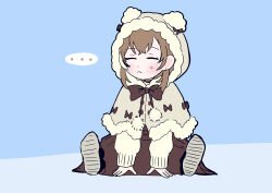 Rule 34 | ..., 1girl, :&lt;, absurdres, animal hood, bear hood, blue background, brown capelet, brown hair, brown skirt, capelet, closed eyes, crossed bangs, fur trim, highres, hololive, hololive english, hood, long hair, long skirt, mogufuuri, multicolored hair, nanashi mumei, nanashi mumei (casual), official alternate costume, pleated skirt, pom pom (clothes), ribbon, simple background, sitting, skirt, streaked hair, sweater, virtual youtuber, white sweater