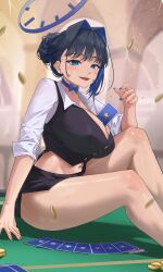 Rule 34 | 1girl, archinoer, bare legs, between breasts, blue bow, blue choker, blue hair, blue nails, blush, bow, bow choker, breasts, card, card between breasts, choker, hair bun, hair intakes, halo, highres, hololive, hololive english, large breasts, legs, looking at viewer, miniskirt, nail polish, navel, open mouth, ouro kronii, playing card, shiny skin, sitting, skirt, smile, solo, thick thighs, thighs, virtual youtuber