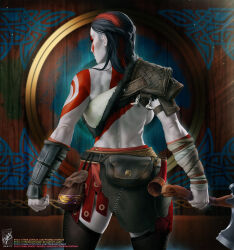 Rule 34 | 1girl, armor, axe, backboob, belt, black belt, black hair, black thighhighs, breasts, clenched hand, closed eyes, cowboy shot, dated, from behind, genderswap, genderswap (mtf), god of war, highres, holding, holding axe, kratos (god of war), large breasts, leather armor, long hair, multicolored hair, muscular, muscular female, pouch, red hair, shoulder pads, signature, single shoulder pad, solo, themaestronoob, thighhighs, two-tone hair