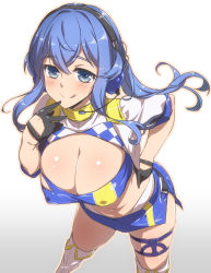 Rule 34 | 1girl, :q, alternate costume, bandeau, black gloves, blue bandeau, blue eyes, blue hair, blush, boots, breasts, cleavage, covered erect nipples, cropped jacket, gloves, gotland (kancolle), gradient background, half gloves, hand on own hip, headphones, headset, highleg, highres, kantai collection, large breasts, long hair, midriff, mole, mole under eye, navel, ponytail, race queen, short sleeves, simple background, skindentation, smile, solo, thigh boots, thigh strap, thighhighs, tongue, tongue out, white footwear, yoshi tama