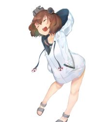 Rule 34 | 1girl, black one-piece swimsuit, brown eyes, brown hair, closed eyes, commentary request, drawstring, full body, hands in pockets, headgear, headset, highres, hood, hooded jacket, hoodie, jacket, kantai collection, name tag, nanao (aoyamahikari), one-piece swimsuit, open mouth, round teeth, sandals, school swimsuit, short hair, simple background, solo, speaking tube headset, swimsuit, swimsuit under clothes, teeth, upper teeth only, white background, white jacket, yukikaze (kancolle)