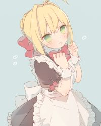 Rule 34 | 10s, 1girl, ahoge, apron, blush, bow, bowtie, braid, cowboy shot, fate/extra, fate (series), french braid, frilled apron, frills, hair bow, hair intakes, hands up, heart, looking at viewer, maid, munuko, nero claudius (fate), nero claudius (fate) (all), nero claudius (fate/extra), parted lips, red bow, red bowtie, sidelocks, solo, wrist cuffs