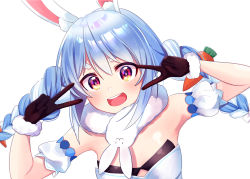 Rule 34 | 1girl, animal ear fluff, animal ears, arm cuffs, black gloves, blue hair, braid, breasts, carrot hair ornament, double v, dress, food-themed hair ornament, fur-trimmed gloves, fur scarf, fur trim, gloves, hair between eyes, hair ornament, highres, hololive, long hair, looking at viewer, multicolored hair, off-shoulder dress, off shoulder, open mouth, purple eyes, rabbit ears, scarf, simple background, small breasts, smile, solo, thick eyebrows, twin braids, twintails, two-tone hair, upper body, usada pekora, usada pekora (1st costume), v, virtual youtuber, white background, white dress, white hair, white scarf, yoshimori isa