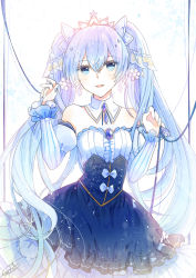 Rule 34 | 1girl, bare shoulders, blue eyes, blue hair, blush, breasts, cowboy shot, crossed bangs, dated, detached collar, detached juliet sleeves, detached sleeves, dress, emo (ricemo), frilled dress, frills, hair between eyes, hair ornament, hatsune miku, highres, long hair, long sleeves, looking at viewer, musical note, open mouth, princess, puffy sleeves, signature, smile, snowflakes, solo, standing, string, string on pinky, tiara, twintails, vocaloid, yuki miku, yuki miku (2019)