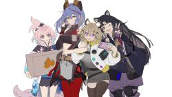 Rule 34 | 4girls, :d, absurdres, akafuyu (arknights), animal ears, antenna hair, arknights, armband, bag, bare shoulders, black hair, black shirt, black skirt, black thighhighs, blue hair, box, breasts, brown hair, cellphone, commentary, crop top, dog ears, double v, elbow gloves, english commentary, facial mark, fang, flat color, forehead mark, gloves, grey shirt, hair between eyes, hair bobbles, hair ornament, hairclip, hand up, highres, holding, holding bag, holding box, holding phone, id card, index finger raised, infection monitor (arknights), jacket, japanese clothes, kirara (arknights), knee pads, lapel pin, long hair, looking at viewer, medium breasts, midriff, multicolored hair, multiple girls, neriash, open mouth, pants, pantyhose, partially fingerless gloves, phone, pink eyes, pink hair, pleated skirt, purple gloves, purple pants, purple shirt, red hair, red pantyhose, saga (arknights), shirt, shopping bag, short hair, simple background, sketch, skin fang, skirt, smartphone, smile, standing, streaked hair, tentacles, thighhighs, topknot, utage (arknights), v, white background, white jacket, x hair ornament, yellow eyes, zipper