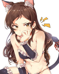 Rule 34 | 1girl, :p, animal ears, bare shoulders, black panties, black thighhighs, blush, bright pupils, brown eyes, brown hair, cat ears, cat tail, collarbone, fur-trimmed legwear, fur trim, groin, hand on own face, highres, idolmaster, idolmaster million live!, kemonomimi mode, kitazawa shiho, lightning bolt symbol, long hair, looking at viewer, navel, panties, parted bangs, red ribbon, ribbon, shiny skin, simple background, sitting, slit pupils, solo, stomach, strapless, sweat, tail, tail ornament, tail ribbon, thighhighs, tongue, tongue out, tube top, tuxedo de cat, underwear, underwear only, white background