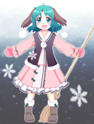 Rule 34 | 1girl, ahoge, animal ears, bamboo broom, boots, broom, dress, fang, female focus, green eyes, green hair, kairakuen umenoka, kasodani kyouko, matching hair/eyes, mittens, open mouth, pom pom (clothes), short hair, snow, snowflakes, solo, touhou, vest, wild and horned hermit, winter clothes