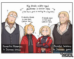 Rule 34 | 1girl, 3boys, ?, ahoge, arrow (symbol), artist name, beard, belt, belt buckle, blonde hair, braid, buckle, cammy white, coat, commentary, comparison, confused, crossed arms, crossover, dated, edward elric, english commentary, english text, facial hair, father and son, frown, fullmetal alchemist, glasses, guile, hershuar, jewelry, looking at another, midriff, multiple boys, navel, necklace, puff of air, red coat, simple background, standing, street fighter, street fighter 6, sweatdrop, trait connection, van hohenheim, vest, watermark, white background, x navel