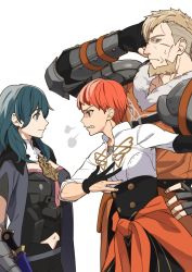 Rule 34 | 1boy, 2girls, armor, armored dress, beard, black gloves, black shorts, black skirt, blue eyes, blue hair, breasts, brown eyes, byleth (female) (fire emblem), byleth (fire emblem), clenched teeth, cloak, closed mouth, clothes around waist, coat, commentary, dagger, detached collar, facial hair, fingerless gloves, fire emblem, fire emblem: three houses, from side, fur-trimmed coat, fur trim, garreg mach monastery uniform, glaring, gloves, hand on own head, high-waist skirt, highres, jeralt reus eisner, jewelry, knife, leonie pinelli, light brown hair, looking at another, matching hair/eyes, medium breasts, medium hair, midriff, multiple girls, navel, necklace, nintendo, orange coat, orange eyes, orange hair, pauldrons, profile, scabbard, scar, scar on face, scowl, sheath, sheathed, shirt, shishima eichi, short hair, shorts, shoulder armor, simple background, skirt, small breasts, sweatdrop, teeth, undercut, upper body, vambraces, weapon, white background, white shirt
