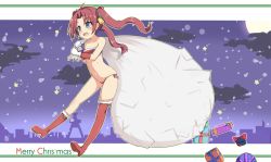 Rule 34 | 1girl, :d, asymmetrical footwear, bandeau, bare shoulders, bell, bikini, blue eyes, boots, box, brown hair, christmas, cloud, commentary request, fukiaki, full moon, fur trim, gift, gift box, gloves, hair bell, hair ornament, holding, holding sack, kneehighs, long hair, looking away, merry christmas, moon, navel, night, night sky, open mouth, original, red bandeau, red bikini, red footwear, red socks, sack, side-tie bikini bottom, single kneehigh, single sock, single thigh boot, sky, smile, snowing, socks, solo, swimsuit, teeth, thigh boots, thighhighs, twintails, uneven footwear, upper teeth only, white gloves