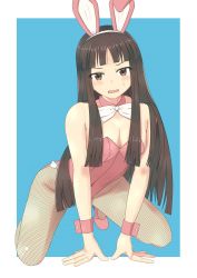 Rule 34 | 1girl, all fours, animal ears, bad anatomy, bad hands, bare shoulders, black hair, blue background, border, bow, bowtie, brown eyes, detached collar, fake animal ears, fishnet pantyhose, fishnets, highres, houraisan kaguya, kneeling, leotard, long hair, looking at viewer, midarin, open mouth, outside border, pantyhose, playboy bunny, poorly drawn, rabbit ears, simple background, solo, sweatdrop, touhou, unmoving pattern, wrist cuffs