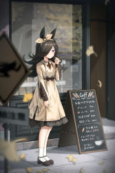 Rule 34 | 1girl, animal ears, beige dress, black ears, black hair, blurry, blush, bow, brown footwear, carrot, casual, chalkboard, chalkboard sign, clothes grab, commentary request, depth of field, dress, falling leaves, flipped hair, from side, full body, furrowed brow, hair over one eye, hairband, highres, horse ears, horse girl, horse tail, layered dress, leaf, long hair, long sleeves, mary janes, menu, menu board, murousaisei123, neck ribbon, nervous, pavement, playing with own hair, purple eyes, reflection, ribbon, rice shower (umamusume), road sign, shoes, sign, socks, solo, standing, storefront, tail, tilted headwear, translation request, umamusume, waiting, white socks, yellow bow, yellow dress