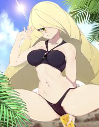 Rule 34 | 1girl, absurdres, alternate breast size, bare shoulders, beach, bikini, black bikini, blonde hair, blue sky, breasts, closed mouth, collarbone, commentary, creatures (company), d:, day, english commentary, game freak, gen 1 pokemon, green eyes, hair over one eye, highres, large breasts, long hair, looking at viewer, lusamine (pokemon), navel, nintendo, open mouth, palm tree, pikachu, pokemon, pokemon (anime), pokemon (creature), pokemon sm049, pokemon sm (anime), sky, slugbox, smile, solo, squatting, sunlight, swimsuit, thighs, tree, very long hair