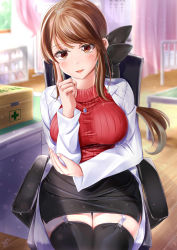 Rule 34 | 1girl, absurdres, ayakase hotaru, bed, black bow, black skirt, black thighhighs, bow, breasts, brown hair, chair, coat, commentary request, garter straps, hair bow, highres, hospital bed, indoors, infirmary, jewelry, lab coat, large breasts, long hair, long sleeves, miniskirt, necklace, office chair, original, pencil skirt, red sweater, ribbed sweater, school nurse, sitting, skirt, solo, sweater, swivel chair, thighhighs, white coat