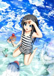 Rule 34 | 1girl, :o, arm up, bare shoulders, barefoot, black hair, blue eyes, blush, cloud, day, dolphin, kneeling, long hair, looking up, open mouth, original, palette (object), shading eyes, skirt, sky, solo, sora freebird, striped, turtle, wading, water