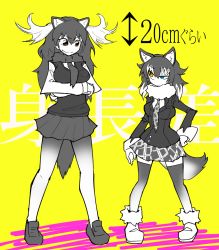 Rule 34 | 10s, animal ears, antlers, bad id, bad pixiv id, blue eyes, fur collar, grey wolf (kemono friends), hair between eyes, heterochromia, horns, kemono friends, long hair, long sleeves, moose (kemono friends), moose ears, multicolored hair, multiple girls, necktie, nuka cola06, pantyhose, shirt, size comparison, skirt, tail, thighhighs, translation request, two-tone hair, wolf ears, wolf tail, yellow eyes
