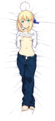 Rule 34 | 1girl, ahoge, alternate costume, aqua eyes, artoria pendragon (all), artoria pendragon (fate), barefoot, bed sheet, blonde hair, blue pants, blue ribbon, blush, breasts, clothes lift, dakimakura (medium), fate/stay night, fate (series), from above, full body, hair between eyes, hair ribbon, highres, lifting own clothes, long hair, looking at viewer, lying, medium breasts, midriff, navel, on back, open pants, panties, pants, ribbon, saber (fate), shirt, shirt lift, skylader, smile, solo, stomach, underboob, underwear, white panties, white shirt
